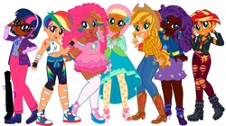 Size: 3577x2007 | Tagged: artist needed, safe, anonymous artist, imported from derpibooru, applejack, fluttershy, pinkie pie, rainbow dash, rarity, sci-twi, sunset shimmer, twilight sparkle, human, equestria girls, alternate hairstyle, applejack's hat, bandage, bandaid, belt, boots, choker, clothes, cowboy boots, cowboy hat, dark skin, ear piercing, earring, eyebrow piercing, female, fingerless gloves, flannel, gloves, hairband, hat, high heel boots, hijab, humane five, humane seven, humane six, humanized, islam, islamashy, jacket, jeans, jewelry, judaism, leather jacket, lip piercing, necklace, nose piercing, nose ring, open mouth, pants, piercing, religion, ripped jeans, ripped pants, scar, shoes, shorts, simple background, skirt, sneakers, socks, spiked choker, sports bra, sports shorts, star of david, stockings, tanktop, tattoi, thigh highs, torn clothes, vitiligo, white background, wristband