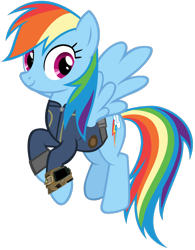 Size: 1024x1314 | Tagged: safe, artist:andoanimalia, artist:ponygamer2020, imported from derpibooru, rainbow dash, pegasus, pony, fallout equestria, clothes, fallout, female, flying, jumpsuit, mare, pipboy, simple background, solo, transparent background, vault suit, vector