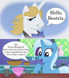 Size: 1280x1440 | Tagged: safe, edit, edited screencap, imported from derpibooru, screencap, prince blueblood, trixie, all bottled up, the ticket master, aroused, beatrix, beatrix lulamoon, bluetrix, excited, female, flowing hair, male, shipping, shipping domino, smiling, speech bubble, stallion, straight, turn on