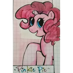 Size: 1080x1080 | Tagged: safe, alternate version, artist:_hey.im.hachi_, imported from derpibooru, pinkie pie, earth pony, pony, eyelashes, female, graph paper, mare, open mouth, raised hoof, smiling, solo, traditional art