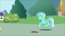 Size: 1920x1080 | Tagged: safe, artist:icanseeyourshed, imported from derpibooru, bon bon, lyra heartstrings, sweetie drops, earth pony, pony, unicorn, animated, cute, footprint, implied human, irrational exuberance, lyra finds a blob on the floor, lyrabetes, ponyville, smiling, sound, webm, youtube link