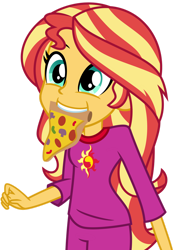 Size: 1024x1448 | Tagged: safe, artist:emeraldblast63, imported from derpibooru, sunset shimmer, equestria girls, clothes, cute, daylight savings, food, mouth hold, pajamas, pi day, pizza, shimmerbetes, slice of pizza, solo