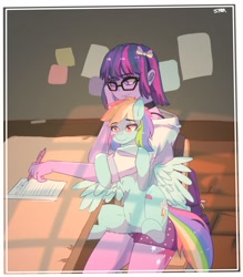 Size: 1413x1614 | Tagged: safe, artist:aaa-its-spook, imported from derpibooru, rainbow dash, sci-twi, twilight sparkle, pegasus, pony, equestria girls, bandaid, belly fluff, blushing, bow, bra, bra strap, chest fluff, choker, clothes, cute, cutie mark on human, dashabetes, female, glasses, hair bow, holding a pony, hug, lesbian, scitwidash, shipping, sitting on lap, twiabetes, twidash, underwear