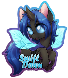 Size: 1040x1200 | Tagged: safe, artist:onnanoko, imported from derpibooru, oc, oc only, oc:swift dawn, changeling, earth pony, pony, badge, blue changeling, changeling oc, con badge, cute, eyebrows, eyebrows visible through hair, fangs, food, grin, horn, looking at you, male, name, ocbetes, simple background, smiling, solo, stallion, transparent background, wings