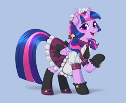 Size: 3564x2918 | Tagged: safe, artist:taytinabelle, imported from derpibooru, part of a set, twilight sparkle, alicorn, pony, alternate hairstyle, apron, blue background, blushing, bow, clothes, cute, cutie mark accessory, dress, ear fluff, female, gradient background, happy, hat, looking at you, maid, maidlight sparkle, mare, necktie, pigtails, pleated skirt, raised hoof, shoes, simple background, skirt, smiling, socks, solo, twiabetes, twilight sparkle (alicorn)