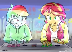 Size: 1464x1067 | Tagged: safe, artist:wakyaot34, imported from derpibooru, rainbow dash, sunset shimmer, equestria girls, arcade, arcade game, clothes, duo, hoodie, playing, sweat, sweatdrop, tongue out