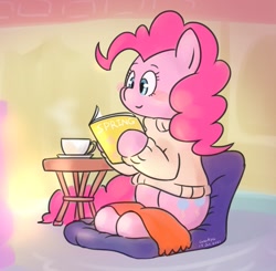 Size: 901x884 | Tagged: safe, artist:wakyaot34, imported from derpibooru, pinkie pie, earth pony, pony, blanket, book, clothes, cup, female, mare, reading, sitting, smiling, solo, sweater, table, teacup