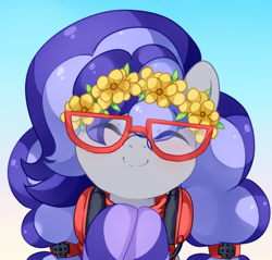 Size: 948x906 | Tagged: safe, artist:loyaldis, imported from derpibooru, oc, oc only, oc:cinnabyte, earth pony, pony, adorkable, cinnabetes, commission, cute, dork, female, flower, gaming headset, glasses, happy, headphones, headset, mare, meganekko, ocbetes, smiling, solo, your character here