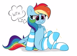 Size: 4096x2977 | Tagged: safe, artist:kittyrosie, imported from derpibooru, rainbow dash, pegasus, pony, adorable distress, clothes, confused, cute, daaaaaaaaaaaw, dashabetes, female, high res, mare, simple background, socks, solo, striped socks, thinking, thought bubble, tsunderainbow, tsundere, what the hay?, white background