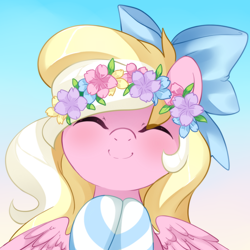 Size: 1000x1000 | Tagged: safe, artist:loyaldis, imported from derpibooru, oc, oc only, oc:bay breeze, pegasus, pony, blushing, bow, clothes, cute, eyes closed, female, floral head wreath, flower, hair bow, happy, mare, ocbetes, smiling, socks, solo, striped socks
