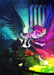 Size: 2509x3504 | Tagged: safe, artist:ink_architect, artist:vetamina, imported from derpibooru, rainbow dash, scootaloo, human, fanfic:rainbow factory, blood, blood stains, boots, clothes, crazy face, duo, faic, fanfic art, female, high res, humanized, lab coat, necktie, shoes, spread wings, syringe, wings