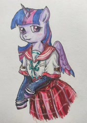 Size: 2839x4000 | Tagged: safe, artist:blueberry pie_蜜糕, imported from derpibooru, twilight sparkle, alicorn, pony, semi-anthro, clothes, cosplay, costume, crossover, dress, female, folded wings, iroha tamaki, magia record, mare, puella magi madoka magica, traditional art, uniform, wings