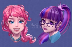 Size: 1145x750 | Tagged: safe, artist:w33484365, artist:卯卯七, imported from derpibooru, part of a set, pinkie pie, sci-twi, twilight sparkle, human, alternate hairstyle, bust, female, glasses, humanized, realistic