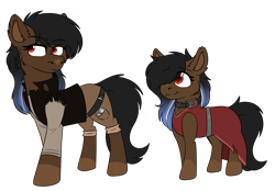Size: 2020x1408 | Tagged: safe, artist:rokosmith26, imported from derpibooru, oc, oc only, earth pony, pony, clothes, collar, dress, duo, duo female, female, females only, filly, freckles, hair over one eye, mare, pants, red eyes, shirt, siblings, simple background, sisters, slave, slave collar, smiling, standing, transparent background