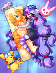 Size: 2399x3096 | Tagged: safe, alternate version, artist:airiniblock, imported from derpibooru, pear butter, oc, oc only, oc:cinnabyte, anthro, earth pony, pony, unguligrade anthro, blushing, body pillow, clothes, dress, glasses, headphones, long hair, pillow, pony oc, rcf community, socks, stockings, striped socks, thigh highs, zettai ryouiki