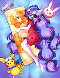 Size: 2399x3096 | Tagged: safe, alternate version, artist:airiniblock, imported from derpibooru, autumn blaze, pear butter, oc, oc only, oc:cinnabyte, anthro, earth pony, pony, unguligrade anthro, anthro oc, blushing, clothes, dress, glasses, headset, long hair, pillow, pony oc, rcf community, socks
