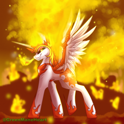 Size: 3000x3000 | Tagged: safe, artist:greenmaneheart, imported from derpibooru, daybreaker, alicorn, pony, evil grin, fangs, female, fire, grin, high res, mane of fire, mare, profile, smiling, solo
