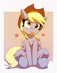 Size: 1799x2297 | Tagged: safe, artist:pabbley, imported from derpibooru, derpy hooves, pegasus, pony, :p, cowboy hat, cute, derpabetes, female, floating heart, hat, heart, mare, sitting, solo, stetson, tongue out, wings