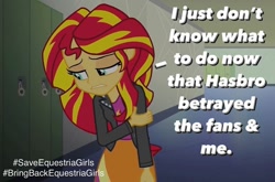 Size: 1080x714 | Tagged: safe, artist:luigigamer25, edit, edited screencap, imported from derpibooru, screencap, sunset shimmer, equestria girls, rainbow rocks, betrayal, clothes, comments locked down, cutie mark, cutie mark on clothes, derail in the comments, discussion in the comments, female, hallway, hasbro, lockers, op can't let go, op needs help, op needs to stop, sad, save equestria girls, solo, solo female