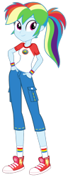 Size: 500x1300 | Tagged: safe, alternate version, artist:knightoftheraven, artist:roseluck, imported from derpibooru, rainbow dash, human, equestria girls, legend of everfree, alternate hairstyle, camp everfree logo, camp everfree outfits, camping outfit, clothes, colored, converse, equestria girls style, female, flat colors, full body, hand in pocket, hands in pockets, inkscape, jeans, looking at you, pants, ponytail, shirt, shoes, short jeans, short pants, short sleeves, show accurate, simple background, smiling, smiling at you, sneakers, socks, solo, standing, t-shirt, textless, three quarter view, tomboy, transparent background, vector, wristband
