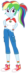 Size: 500x1300 | Tagged: safe, alternate version, artist:roseluck, imported from derpibooru, rainbow dash, human, equestria girls, legend of everfree, alternate hairstyle, big breasts, breasts, busty rainbow dash, camp everfree logo, camp everfree outfits, camping outfit, clothes, converse, equestria girls style, female, full body, hand in pocket, hands in pockets, huge breasts, inkscape, jeans, looking at you, pants, ponytail, shirt, shoes, short jeans, short pants, short sleeves, show accurate, simple background, smiling, smiling at you, sneakers, socks, solo, standing, t-shirt, three quarter view, transparent background, vector, wristband
