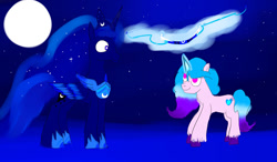 Size: 1280x747 | Tagged: safe, artist:horsesplease, imported from derpibooru, izzy moonbow, princess luna, alicorn, pony, unicorn, bow (weapon), colored wings, colored wingtips, duo, female, g5, izzy diana moonbow, magic, mare, moon, name pun, pun, wings