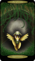 Size: 1500x2591 | Tagged: safe, artist:sixes&sevens, imported from derpibooru, part of a set, daring do, ace of coins, archway, boulder, hat, leaves, looking at you, minor arcana, mouth hold, running, running away, tarot card, vine, wings