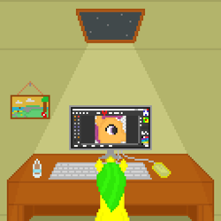 Size: 512x512 | Tagged: safe, artist:valuable ashes, imported from derpibooru, scootaloo, oc, oc:technical writings, pegasus, pony, unicorn, computer, computer keyboard, computer mouse, drawing, keyboard, magic, night, picture frame, pixel art, table, telekinesis, water bottle, window