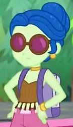 Size: 375x645 | Tagged: safe, imported from derpibooru, screencap, laurel jade, equestria girls, equestria girls series, sunset's backstage pass!, spoiler:eqg series (season 2), backpack, cropped, ear piercing, earring, female, jewelry, piercing, sleeveless, solo, sunglasses