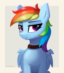 Size: 1950x2200 | Tagged: safe, artist:konidouga, imported from derpibooru, rainbow dash, pegasus, pony, collar, female, simple background, smiling, solo