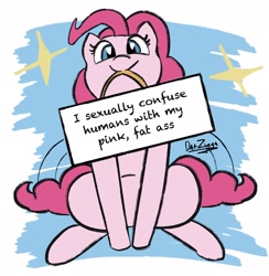 Size: 1996x2048 | Tagged: safe, artist:datzigga, derpibooru exclusive, imported from derpibooru, pinkie pie, earth pony, pony, cute, diapinkes, dissonant caption, female, heart eyes, high res, mare, mouth hold, pony shaming, sign, sitting, solo, tail, tail wag, text, vulgar, wingding eyes