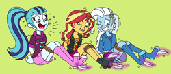 Size: 2500x1082 | Tagged: safe, artist:bugssonicx, imported from derpibooru, sonata dusk, sunset shimmer, trixie, equestria girls, arm behind back, bondage, clothes, crying, feather, grin, laughing, lip bite, magic, open mouth, smiling, socks, stocking feet, tears of laughter, teary eyes, tickle torture, tickling, tied up