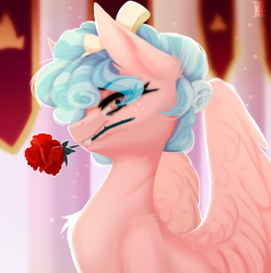 Size: 2160x2180 | Tagged: safe, artist:elektra-gertly, imported from derpibooru, cozy glow, pegasus, pony, ear fluff, eye clipping through hair, eyebrows, eyebrows visible through hair, female, flower, flower in mouth, high res, large wings, looking at you, mare, mouth hold, older, profile, rose, rose in mouth, smiling, solo, solo female, wings