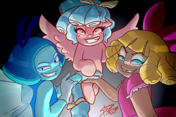 Size: 1772x1181 | Tagged: safe, artist:shacy's pagelings, imported from derpibooru, cozy glow, anthro, human, pegasus, pony, unicorn, aquamarine (steven universe), cats don't dance, crossover, crossover: aquamarine, crossover: darla dimple, darla dimple, evil grin, fanart, female, filly, gem (race), grin, group, looking at you, smiling, smiling at you, steven universe, trio