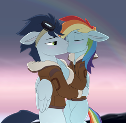 Size: 2453x2397 | Tagged: artist needed, source needed, safe, imported from derpibooru, rainbow dash, soarin', pegasus, pony, aviator goggles, bomber jacket, clothes, cute, duo, eyes closed, female, floppy ears, goggles, hug, jacket, kissing, lidded eyes, male, missing cutie mark, rainbow, shipping, soarindash, straight