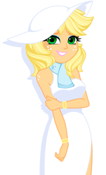 Size: 891x1472 | Tagged: safe, artist:rosemile mulberry, imported from derpibooru, applejack, human, equestria girls, alternate hairstyle, applejack also dresses in style, applejewel, bare shoulders, beautiful, blonde, bracelet, clothes, diamond, dress, eyeshadow, female, freckles, grin, hat, holding arms, jewelry, lipstick, looking at you, makeup, rubbing arm, scarf, shoulder freckles, simple background, sleeveless, smiling, smiling at you, solo, sun hat, tomboy taming, white background, white dress