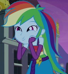 Size: 1920x2106 | Tagged: safe, imported from derpibooru, screencap, rainbow dash, equestria girls, equestria girls (movie), belt, canterlot high, clothes, cropped, cute, cutie mark, cutie mark on clothes, daaaaaaaaaaaw, dashabetes, dashface, fall formal outfits, fingerless gloves, gloves, hnnng, night, sleeveless, weapons-grade cute