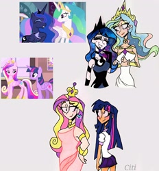 Size: 2472x2662 | Tagged: safe, artist:citi, imported from derpibooru, screencap, princess cadance, princess celestia, princess luna, twilight sparkle, alicorn, human, the beginning of the end, three's a crowd, humanized, scene interpretation, screencap reference, sisters-in-law, twilight sparkle (alicorn)