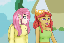 Size: 1920x1280 | Tagged: safe, artist:spokenmind93, imported from derpibooru, fluttershy, tree hugger, human, make new friends but keep discord, bandana, clothes, cutie mark tattoo, dreadlocks, elf ears, humanized, interpretation, scene interpretation, simple background, sweater, sweatershy, tanktop, tattoo, winged humanization, wings