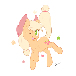 Size: 800x800 | Tagged: safe, artist:sion, imported from derpibooru, applejack, earth pony, pony, apple, cowboy hat, cute, cutie mark eyes, female, food, hat, jackabetes, looking at you, mare, no pupils, one eye closed, open mouth, simple background, solo, white background, wingding eyes, wink