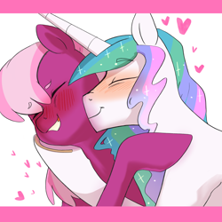 Size: 2048x2048 | Tagged: safe, artist:aztrial, imported from derpibooru, cheerilee, princess celestia, alicorn, earth pony, blushing, cheerilestia, female, lesbian, nuzzling, shipping