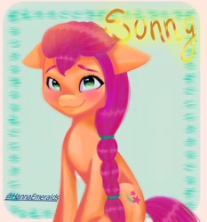 Size: 1956x2096 | Tagged: safe, artist:hannagm15byhan1, imported from derpibooru, sunny starscout, earth pony, pony, abstract background, blushing, braid, cute, female, floppy ears, g5, looking at you, mare, sitting, smiling, solo, sunnybetes, text