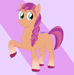 Size: 915x935 | Tagged: safe, artist:coolpurpledudette, imported from derpibooru, sunny starscout, earth pony, pony, abstract background, braid, female, g5, mare, raised hoof, smiling, solo, unshorn fetlocks