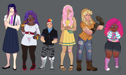Size: 3367x2000 | Tagged: safe, artist:theartfox2468, imported from derpibooru, applejack, fluttershy, pinkie pie, rainbow dash, rarity, twilight sparkle, human, alternate hairstyle, applejack's hat, bandaid, barefoot, belt, black background, boots, bracelet, camouflage, clothes, converse, cowboy hat, dark skin, diversity, dress, ear piercing, earring, eye scar, eyeshadow, feet, female, flannel, flats, freckles, gloves, grin, hat, high heels, humanized, jacket, jeans, jewelry, leaf, lip bite, makeup, mane six, nail polish, necklace, necktie, one eye closed, open mouth, pants, piercing, ripped jeans, ripped pants, sandals, scar, shoes, shorts, simple background, size difference, skirt, smiling, smirk, socks, stick, stockings, suspenders, sweater, thigh highs, torn clothes, wall of tags, wink