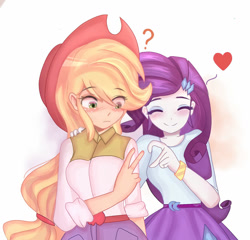 Size: 1544x1485 | Tagged: safe, artist:pby87, imported from derpibooru, applejack, rarity, equestria girls, spoiler:eqg specials, blushing, bracelet, cute, eyes closed, female, floating heart, hat, heart, jackabetes, jewelry, lesbian, question mark, raribetes, rarijack, shipping, smiling