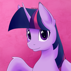 Size: 800x800 | Tagged: safe, artist:maravor, imported from derpibooru, twilight sparkle, alicorn, pony, bust, female, looking at you, mare, pink background, portrait, simple background, solo, twilight sparkle (alicorn)