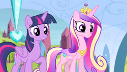 Size: 1266x720 | Tagged: safe, imported from derpibooru, screencap, princess cadance, twilight sparkle, alicorn, pony, equestria games (episode), crystal empire, crystal heart, duo, duo female, female, height difference, mare, physique difference, shocked, sisters-in-law, slim, teeth, thin, twilight sparkle (alicorn)