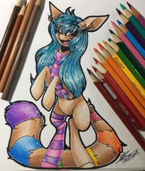 Size: 1080x1279 | Tagged: safe, artist:moshi.poni, imported from derpibooru, oc, oc only, earth pony, pony, clothes, ear piercing, earring, earth pony oc, jewelry, open mouth, piercing, rearing, scarf, signature, smiling, socks, solo, striped socks, traditional art