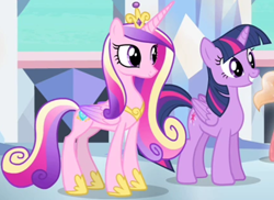 Size: 1170x853 | Tagged: safe, imported from derpibooru, screencap, princess cadance, twilight sparkle, alicorn, pony, equestria games (episode), concave belly, cropped, crystal empire, duo, duo female, female, height difference, mare, physique difference, sisters-in-law, slim, smiling, teeth, thin, twilight sparkle (alicorn)