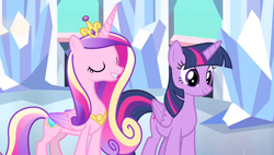 Size: 1266x720 | Tagged: safe, imported from derpibooru, screencap, princess cadance, twilight sparkle, alicorn, pony, equestria games (episode), concave belly, crystal empire, duo, duo female, eyes closed, female, height difference, mare, physique difference, sisters-in-law, slim, smiling, teeth, thin, twilight sparkle (alicorn)